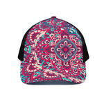 Pink Teal Bohemian Mandala Pattern Print Black Mesh Trucker Cap