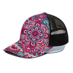 Pink Teal Bohemian Mandala Pattern Print Black Mesh Trucker Cap