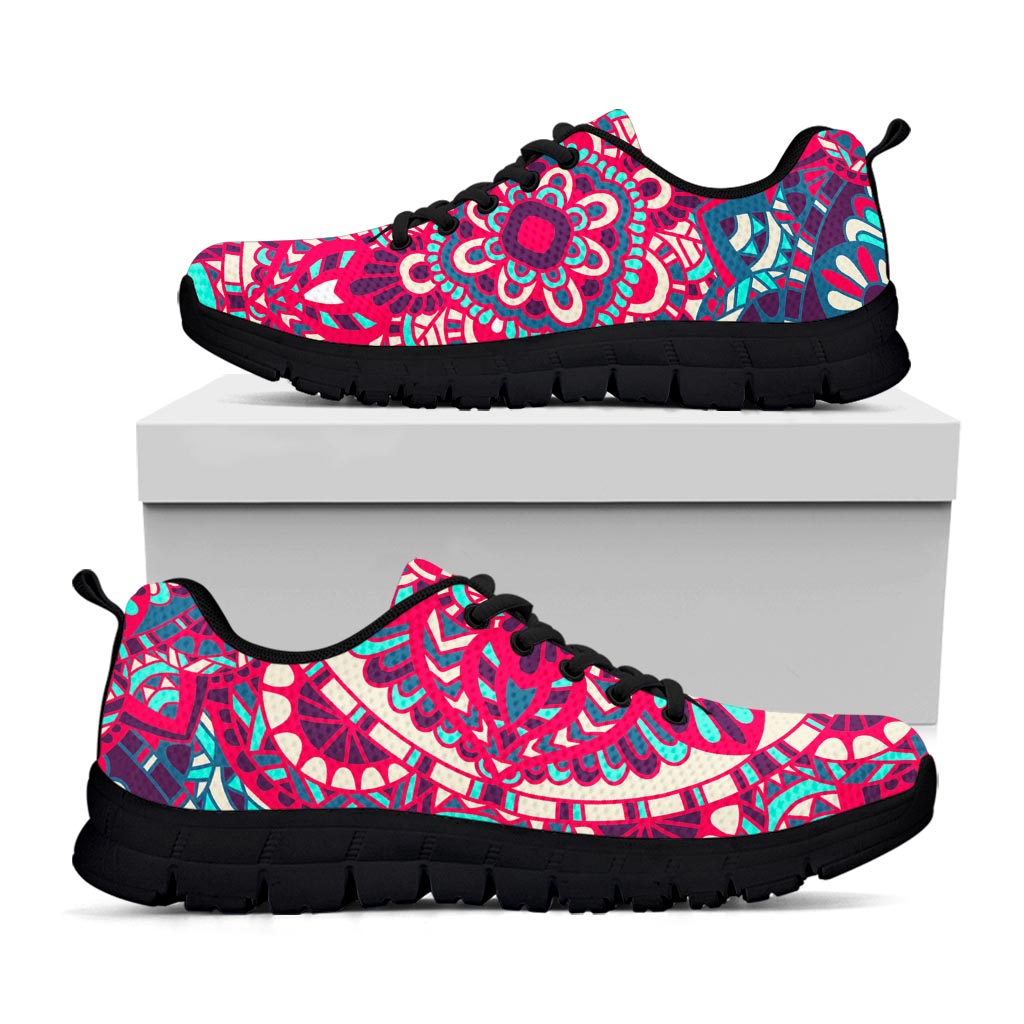 Pink Teal Bohemian Mandala Pattern Print Black Running Shoes