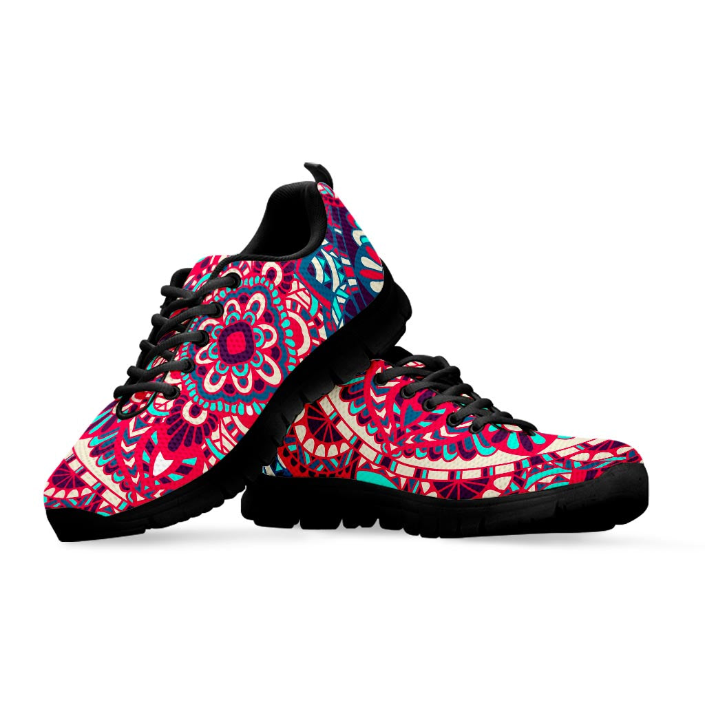 Pink Teal Bohemian Mandala Pattern Print Black Running Shoes