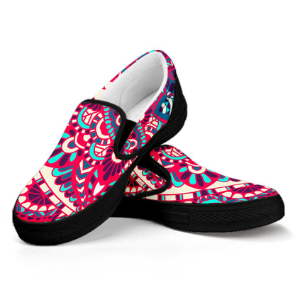 Pink Teal Bohemian Mandala Pattern Print Black Slip On Sneakers