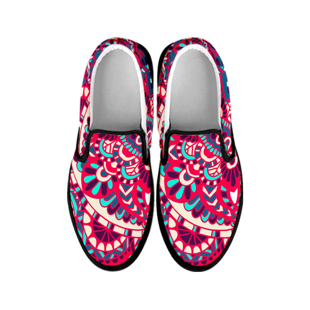 Pink Teal Bohemian Mandala Pattern Print Black Slip On Sneakers