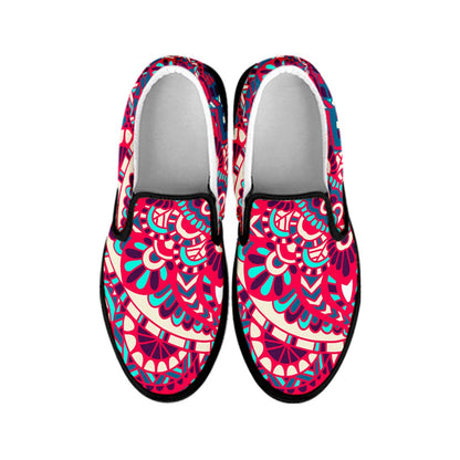 Pink Teal Bohemian Mandala Pattern Print Black Slip On Sneakers