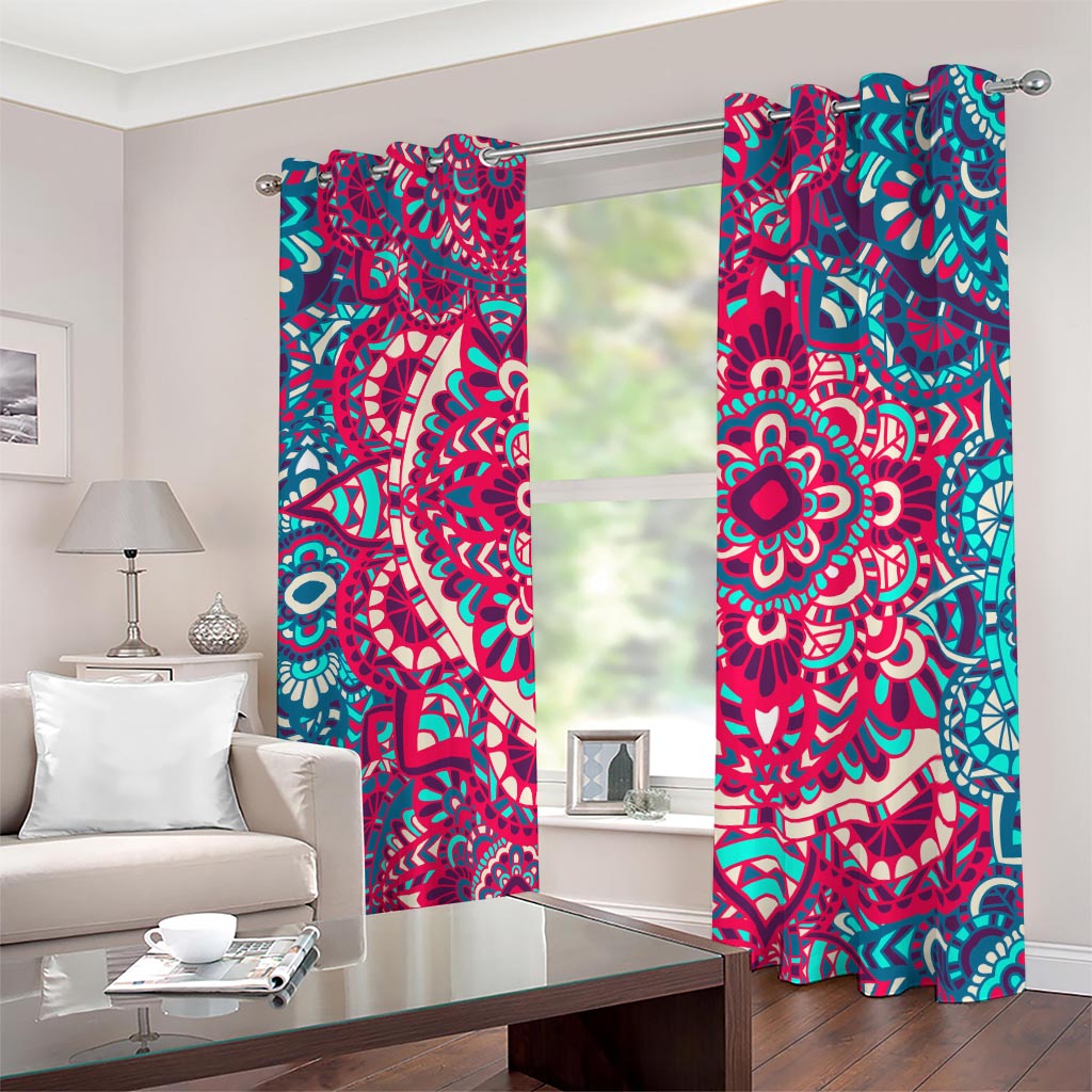 Pink Teal Bohemian Mandala Pattern Print Blackout Grommet Curtains