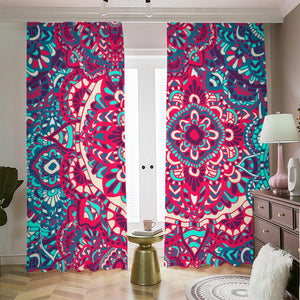 Pink Teal Bohemian Mandala Pattern Print Blackout Pencil Pleat Curtains