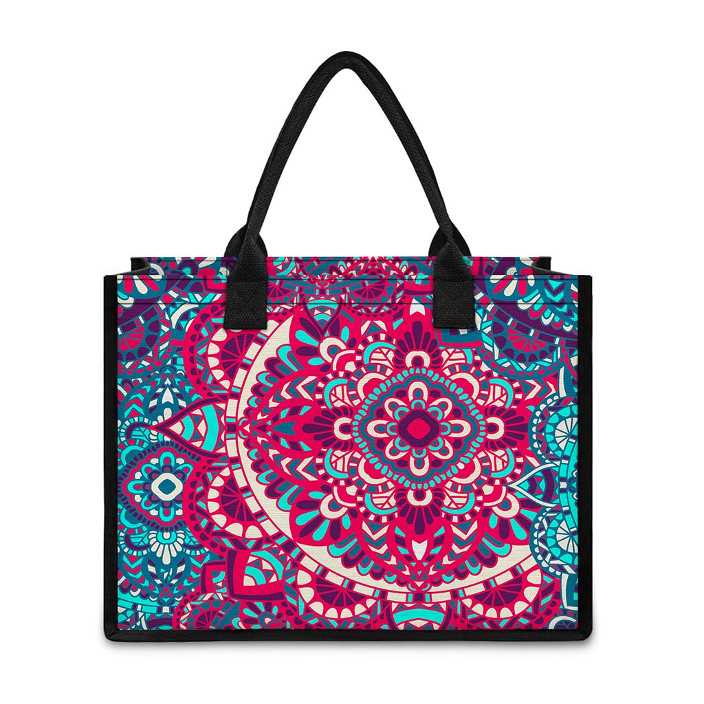 Pink Teal Bohemian Mandala Pattern Print Canvas Tote Bag