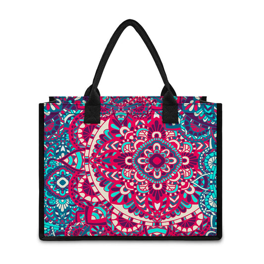Pink Teal Bohemian Mandala Pattern Print Canvas Tote Bag