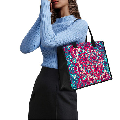 Pink Teal Bohemian Mandala Pattern Print Canvas Tote Bag