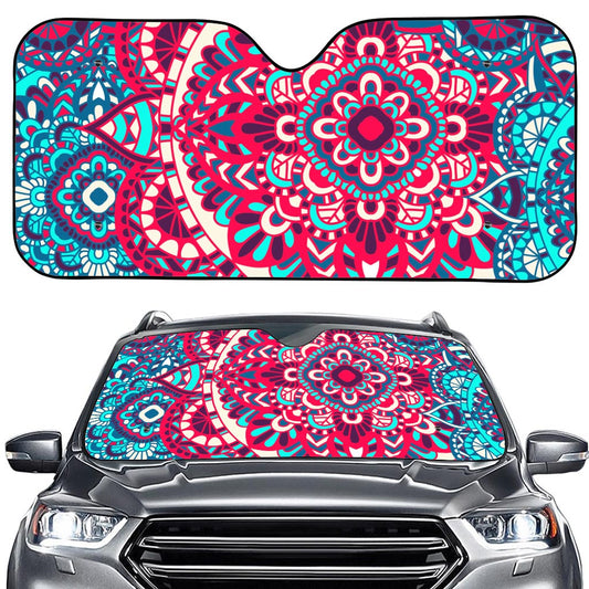 Pink Teal Bohemian Mandala Pattern Print Car Windshield Sun Shade
