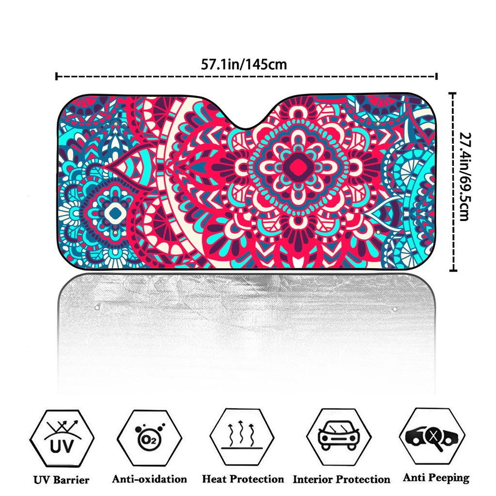 Pink Teal Bohemian Mandala Pattern Print Car Windshield Sun Shade