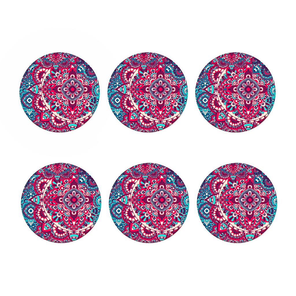 Pink Teal Bohemian Mandala Pattern Print Coaster Set