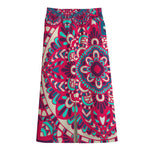 Pink Teal Bohemian Mandala Pattern Print Cotton Front Slit Maxi Skirt