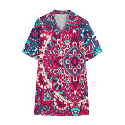 Pink Teal Bohemian Mandala Pattern Print Cotton Hawaiian Shirt