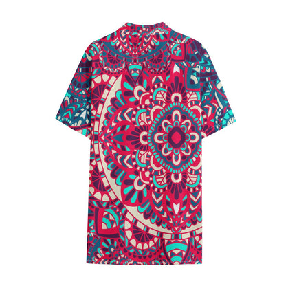 Pink Teal Bohemian Mandala Pattern Print Cotton Hawaiian Shirt