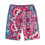 Pink Teal Bohemian Mandala Pattern Print Cotton Shorts