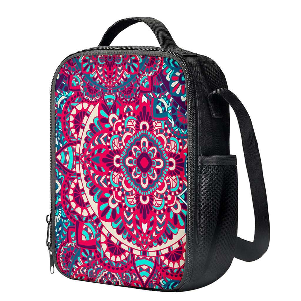 Pink Teal Bohemian Mandala Pattern Print Crossbody Lunch Bag