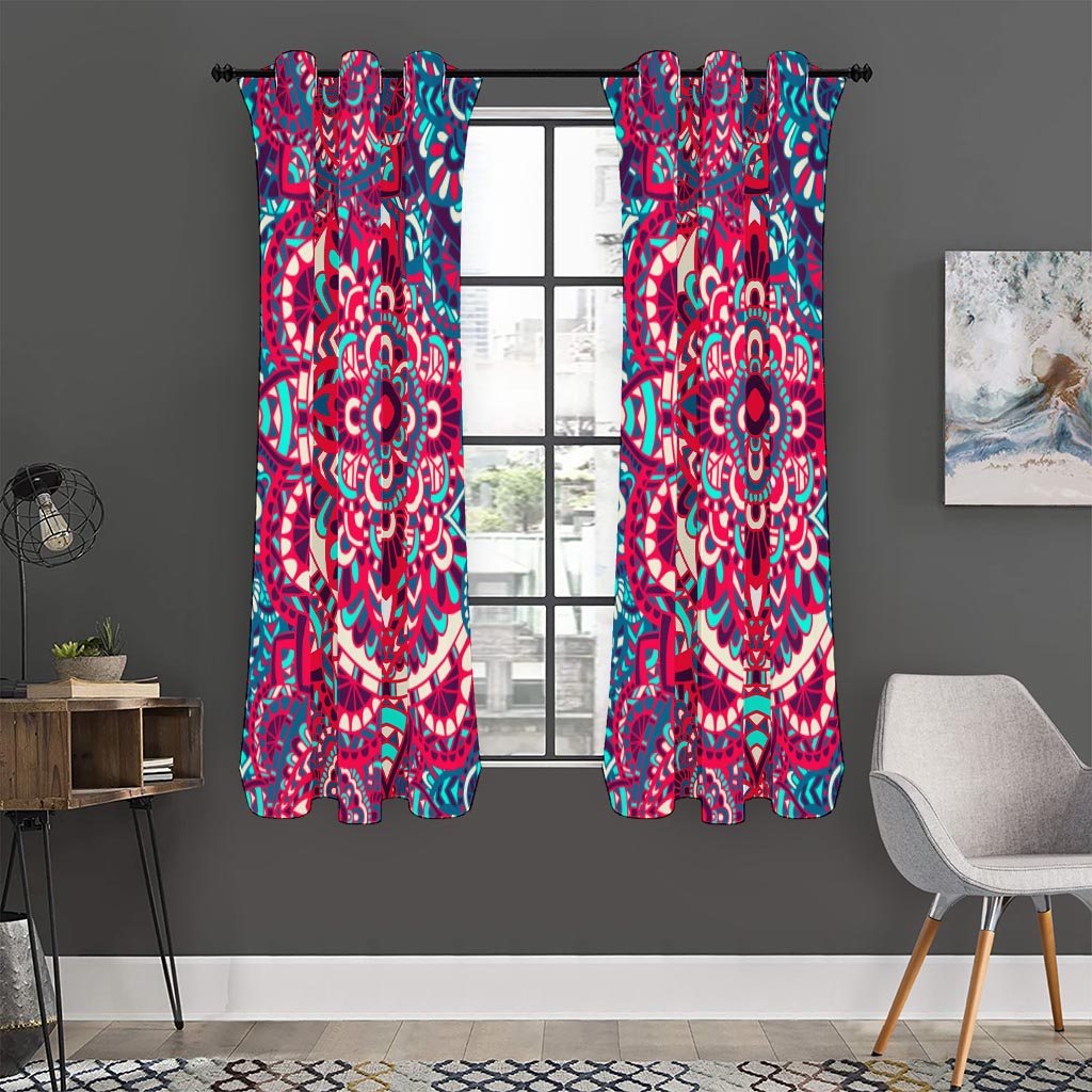 Pink Teal Bohemian Mandala Pattern Print Curtain