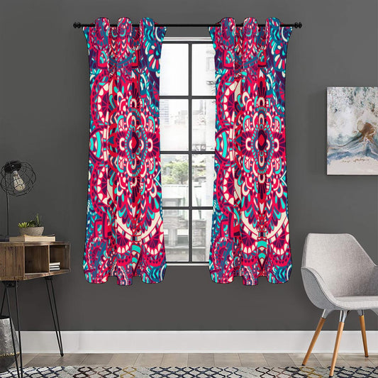 Pink Teal Bohemian Mandala Pattern Print Curtain