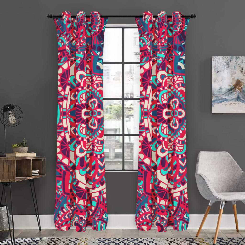 Pink Teal Bohemian Mandala Pattern Print Curtain