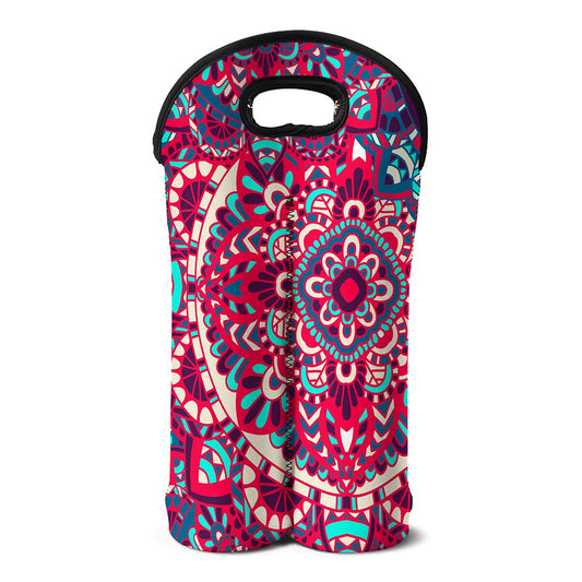 Pink Teal Bohemian Mandala Pattern Print Double Neoprene Wine Tote