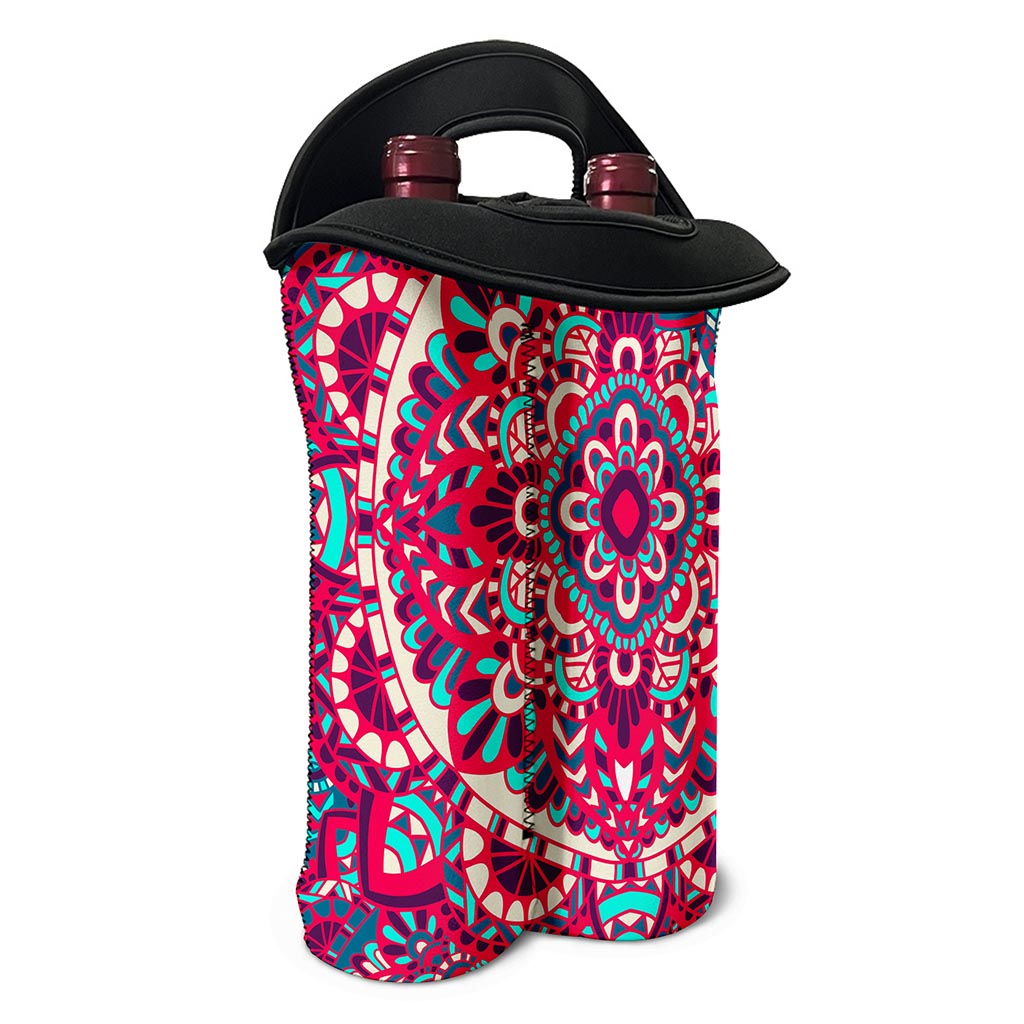 Pink Teal Bohemian Mandala Pattern Print Double Neoprene Wine Tote