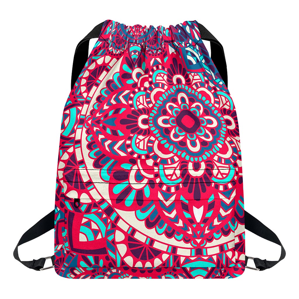 Pink Teal Bohemian Mandala Pattern Print Drawstring Backpack