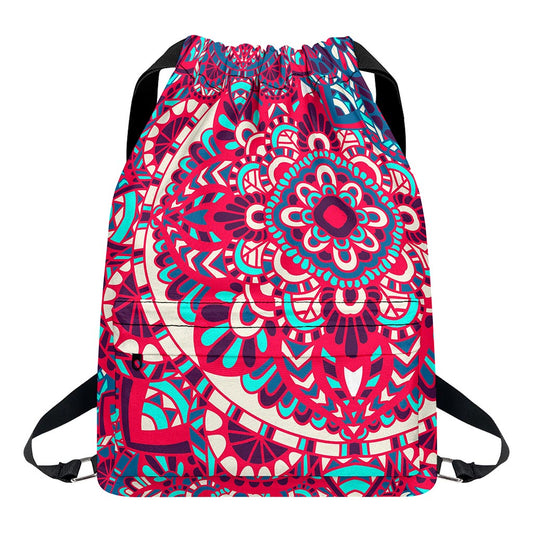 Pink Teal Bohemian Mandala Pattern Print Drawstring Backpack
