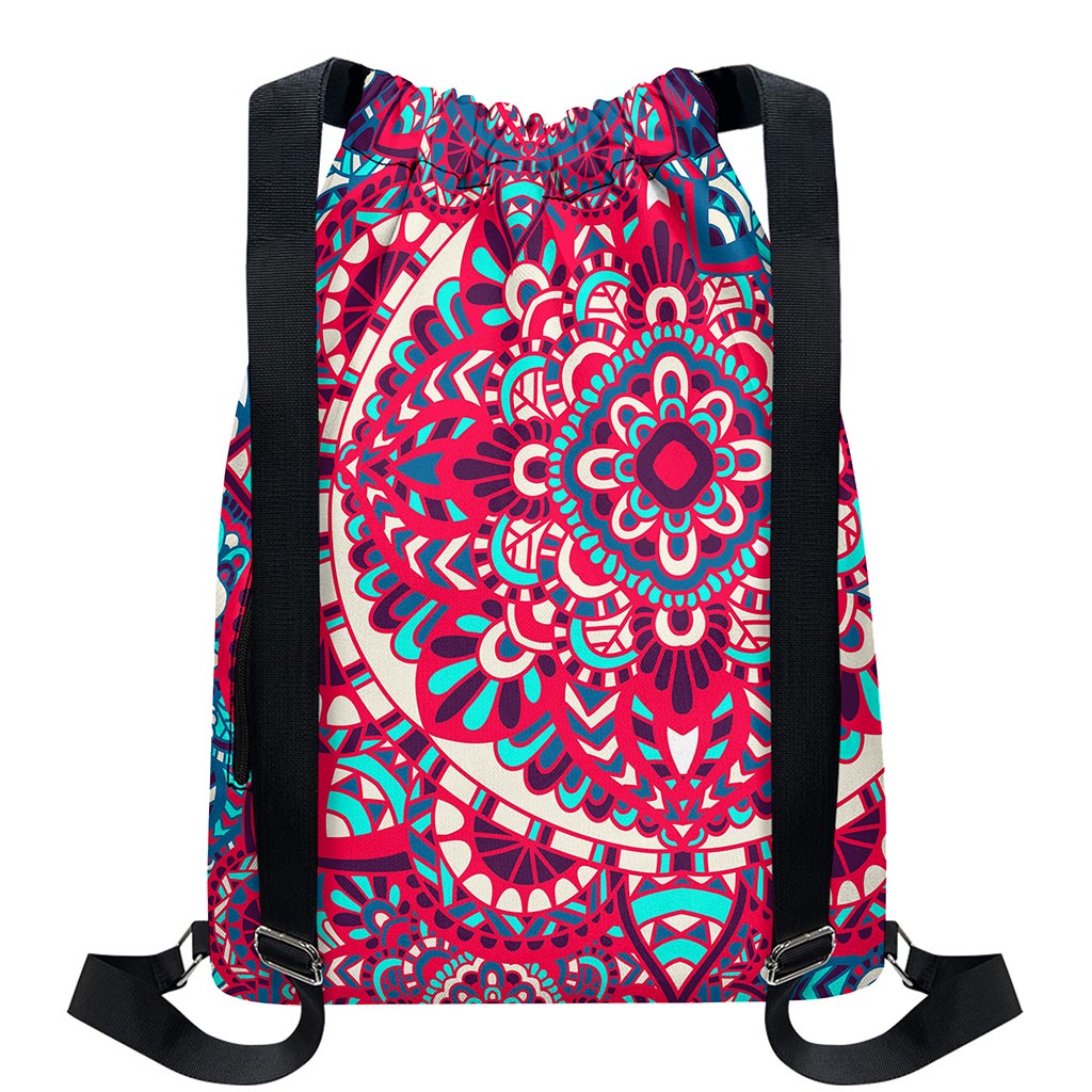 Pink Teal Bohemian Mandala Pattern Print Drawstring Backpack