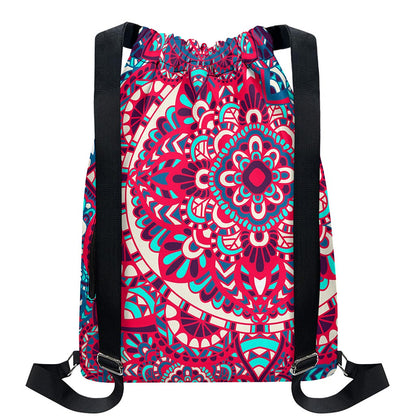 Pink Teal Bohemian Mandala Pattern Print Drawstring Backpack