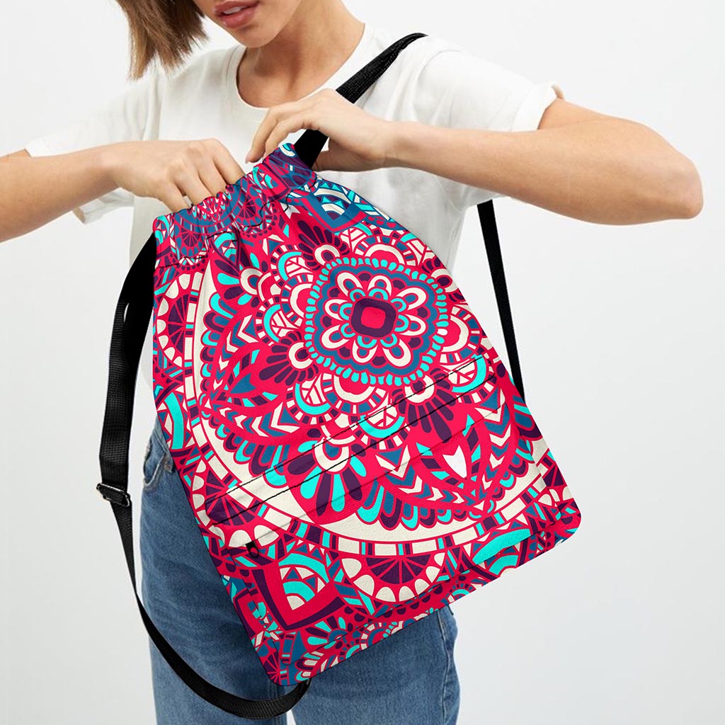 Pink Teal Bohemian Mandala Pattern Print Drawstring Backpack