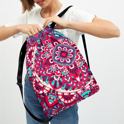 Pink Teal Bohemian Mandala Pattern Print Drawstring Backpack