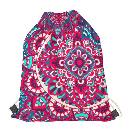 Pink Teal Bohemian Mandala Pattern Print Drawstring Bag
