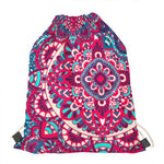 Pink Teal Bohemian Mandala Pattern Print Drawstring Bag