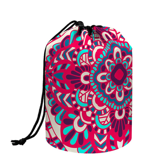 Pink Teal Bohemian Mandala Pattern Print Drawstring Makeup Bag