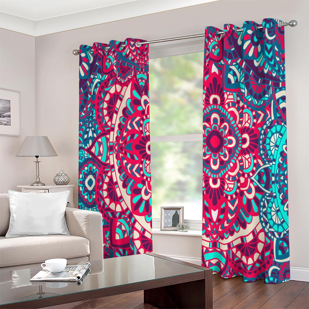 Pink Teal Bohemian Mandala Pattern Print Extra Wide Grommet Curtains