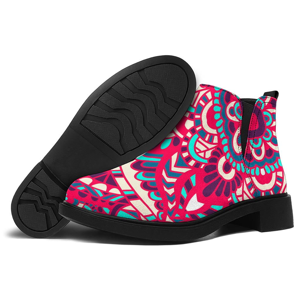 Pink Teal Bohemian Mandala Pattern Print Flat Ankle Boots