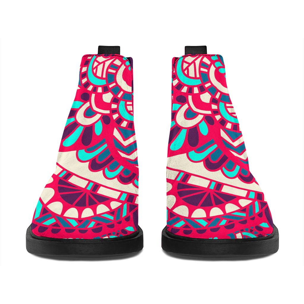 Pink Teal Bohemian Mandala Pattern Print Flat Ankle Boots