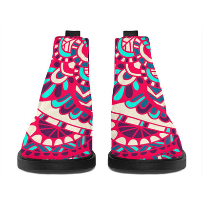 Pink Teal Bohemian Mandala Pattern Print Flat Ankle Boots