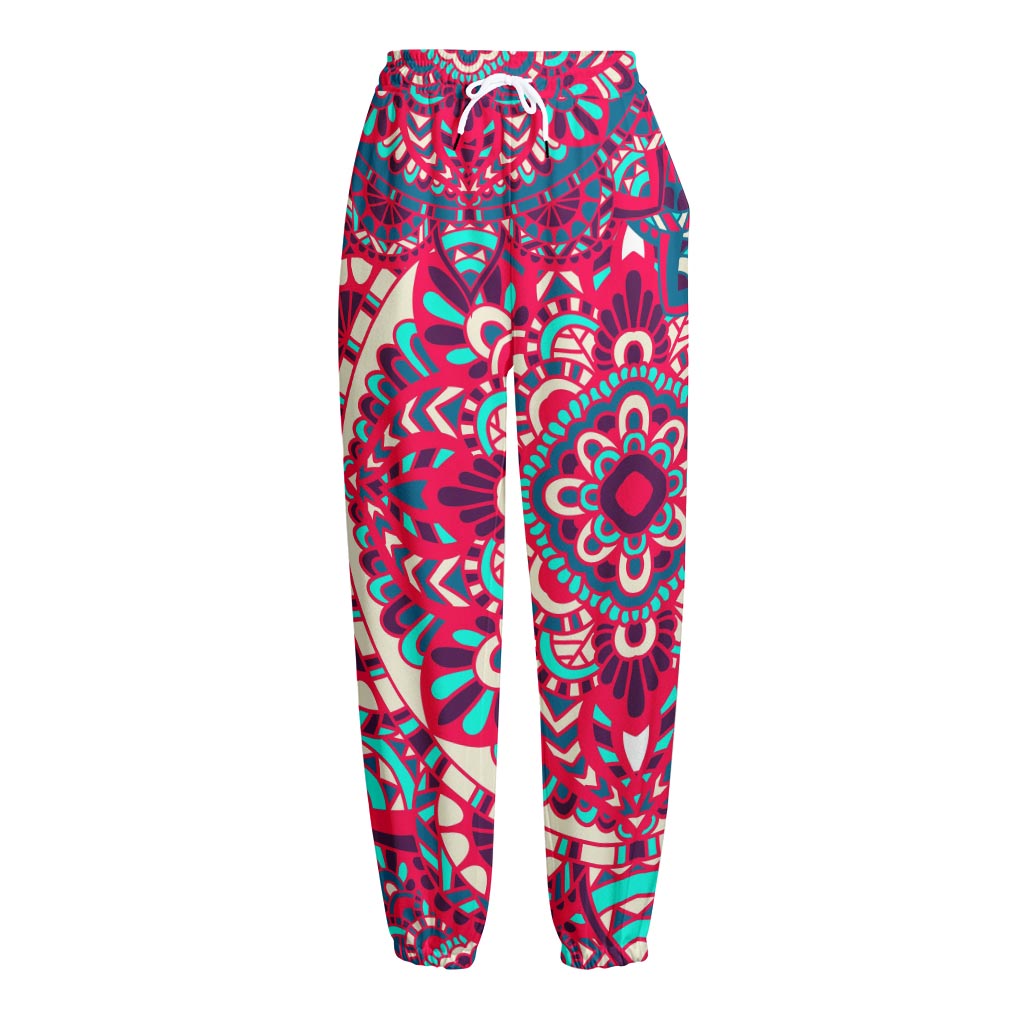 Pink Teal Bohemian Mandala Pattern Print Fleece Lined Knit Pants