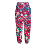 Pink Teal Bohemian Mandala Pattern Print Fleece Lined Knit Pants