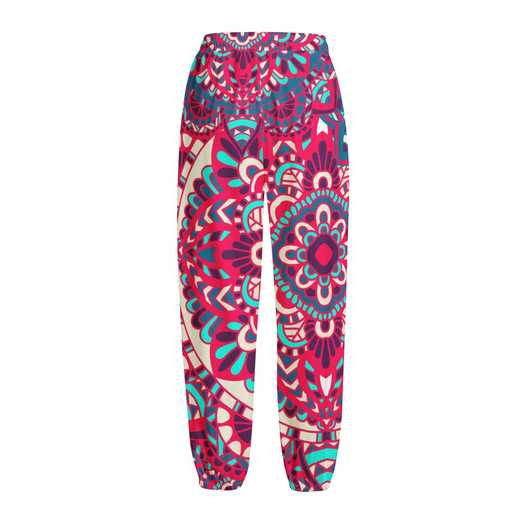 Pink Teal Bohemian Mandala Pattern Print Fleece Lined Knit Pants