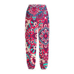 Pink Teal Bohemian Mandala Pattern Print Fleece Lined Knit Pants