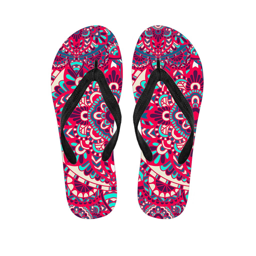 Pink Teal Bohemian Mandala Pattern Print Flip Flops
