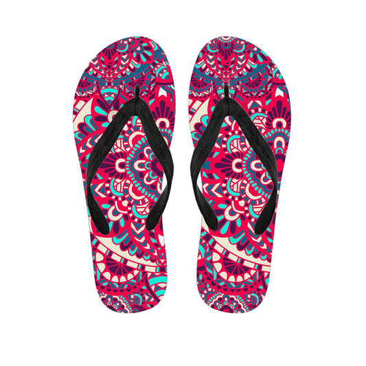 Pink Teal Bohemian Mandala Pattern Print Flip Flops