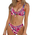 Pink Teal Bohemian Mandala Pattern Print Front Bow Tie Bikini