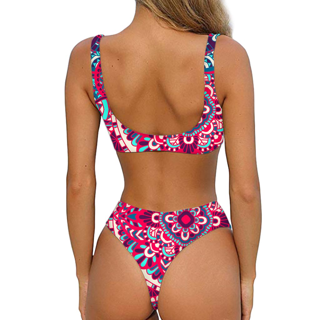 Pink Teal Bohemian Mandala Pattern Print Front Bow Tie Bikini