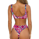 Pink Teal Bohemian Mandala Pattern Print Front Bow Tie Bikini