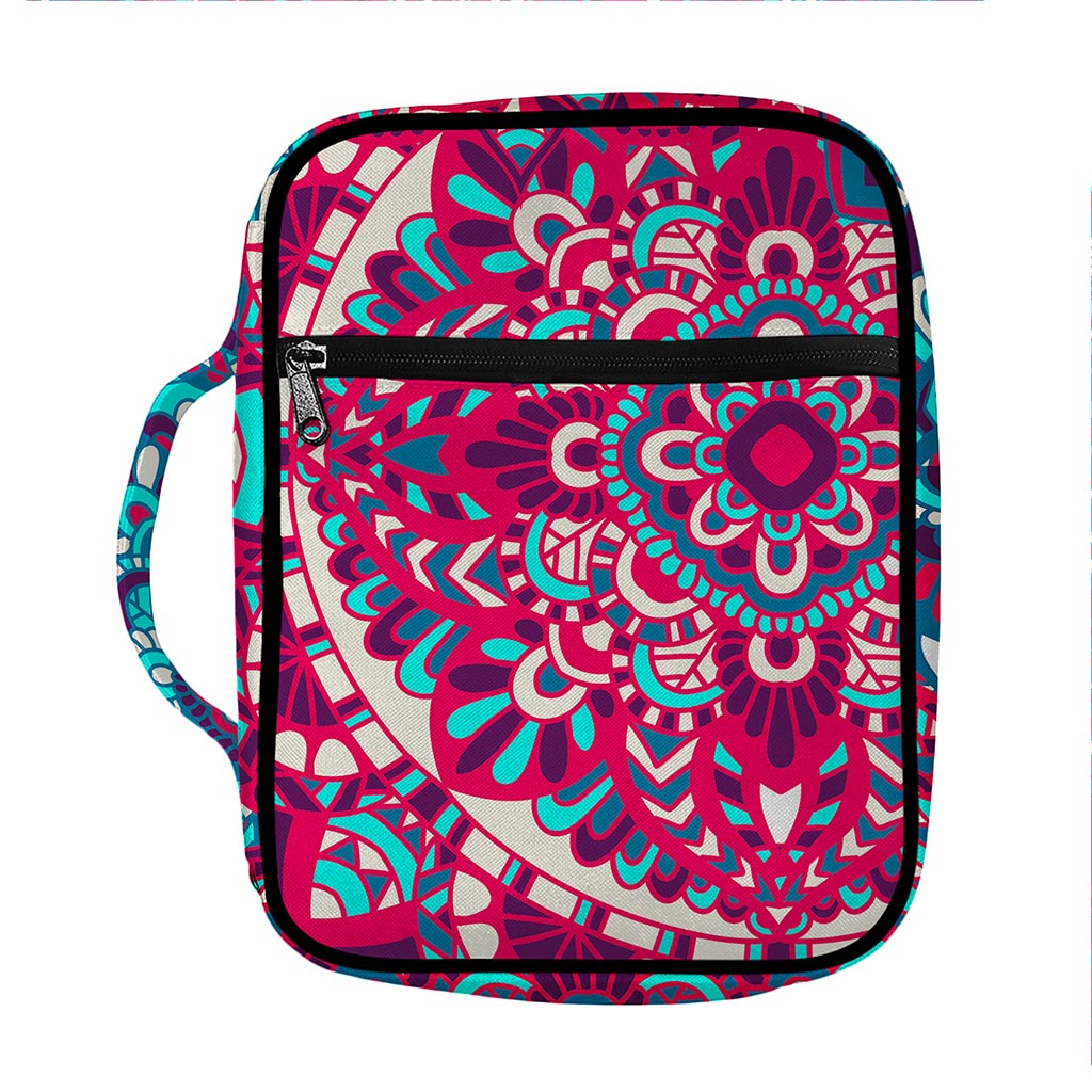 Pink Teal Bohemian Mandala Pattern Print Front Pocket Bible Bag