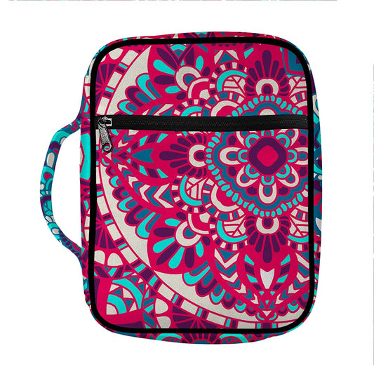 Pink Teal Bohemian Mandala Pattern Print Front Pocket Bible Bag