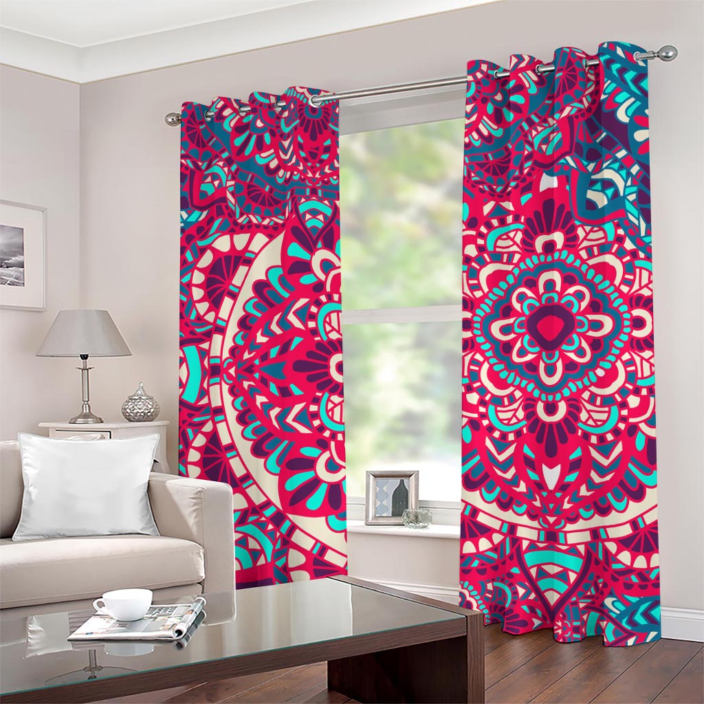 Pink Teal Bohemian Mandala Pattern Print Grommet Curtains